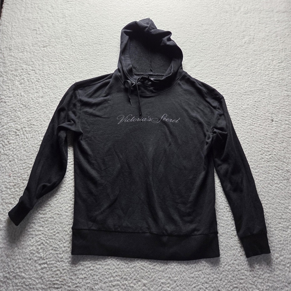 Victoria's Secret Hoodie Womens Small Black Fleece Pullover Logo Script Casual